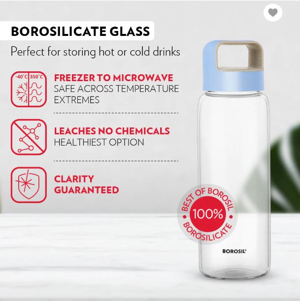 Borosil Crysto Wide 750 ML Borosilicate Glass Bottle - Blue Lid or Green Lid only at www.rasoishop.com