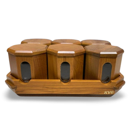 KVG Teak Wood Hax 6 Pcs Mukhwas Container With Tray - 4