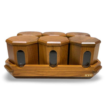 KVG Teak Wood Hax 6 Pcs Mukhwas Container With Tray - 4