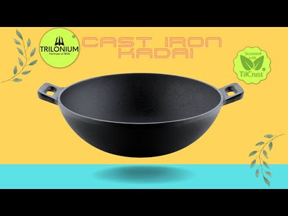 Trilonium Triple Seasoned Cast Iron Kadai 26 cm Sleek | Gas & Induction Compatible | Black