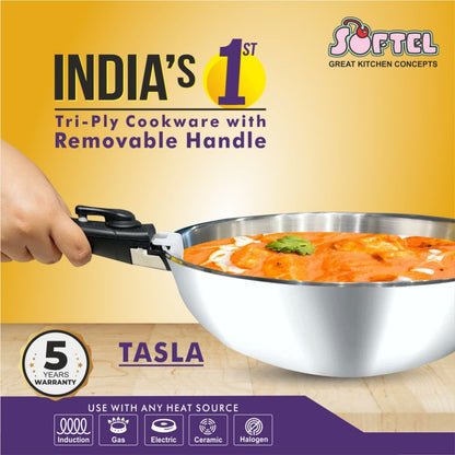 Softel Tri-Ply Stainless Steel Tasla with Removable Handle | Gas & Induction Compatible | Silver - 1