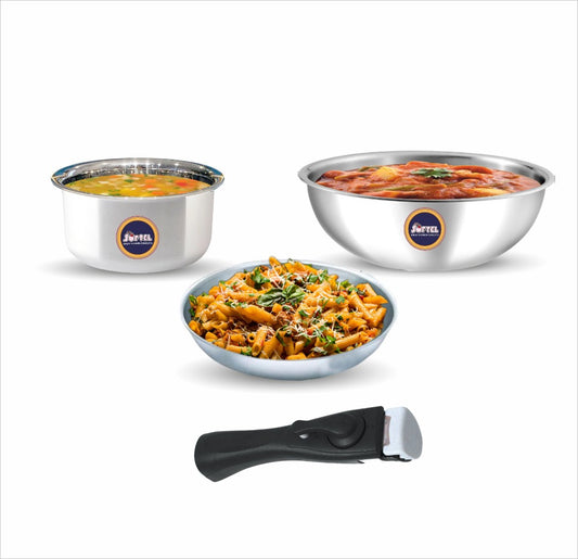 Softel Tri-Ply Cookware Combo with Removable Handle (22 cm Tasla + 24 cm Fry Pan + 1.5 Litre Sauce Pan + Removable Handle) | Gas & Induction Compatible - 1