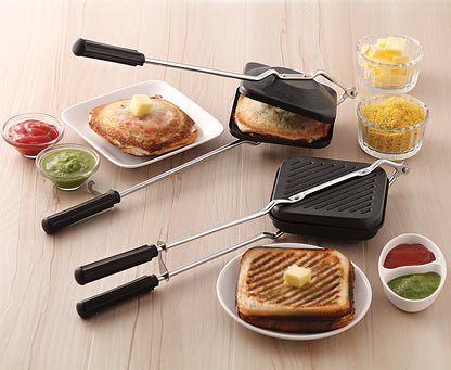 कोमल नॉन-स्टिक गॅस सँडविच टोस्टर | गॅस टोस्टर वापरून कुरकुरीत नाश्ता | उष्णता-कार्यक्षम ड्युअल स्लाइस टोस्टर - काळा 
