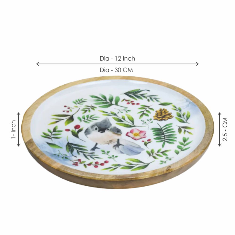 Softel Wooden Leafy Titmouse Round Serving Platter - 7