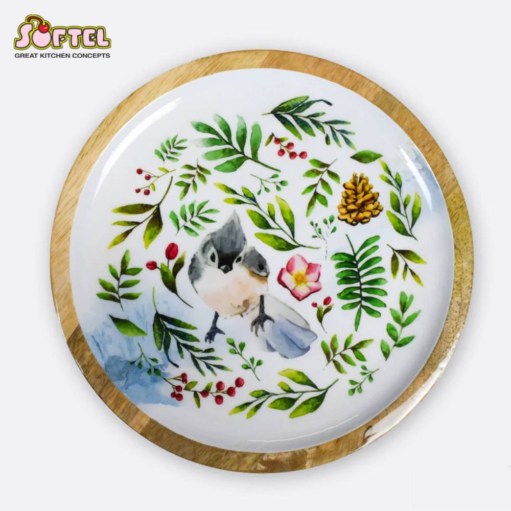 Softel Wooden Leafy Titmouse Round Serving Platter - 4