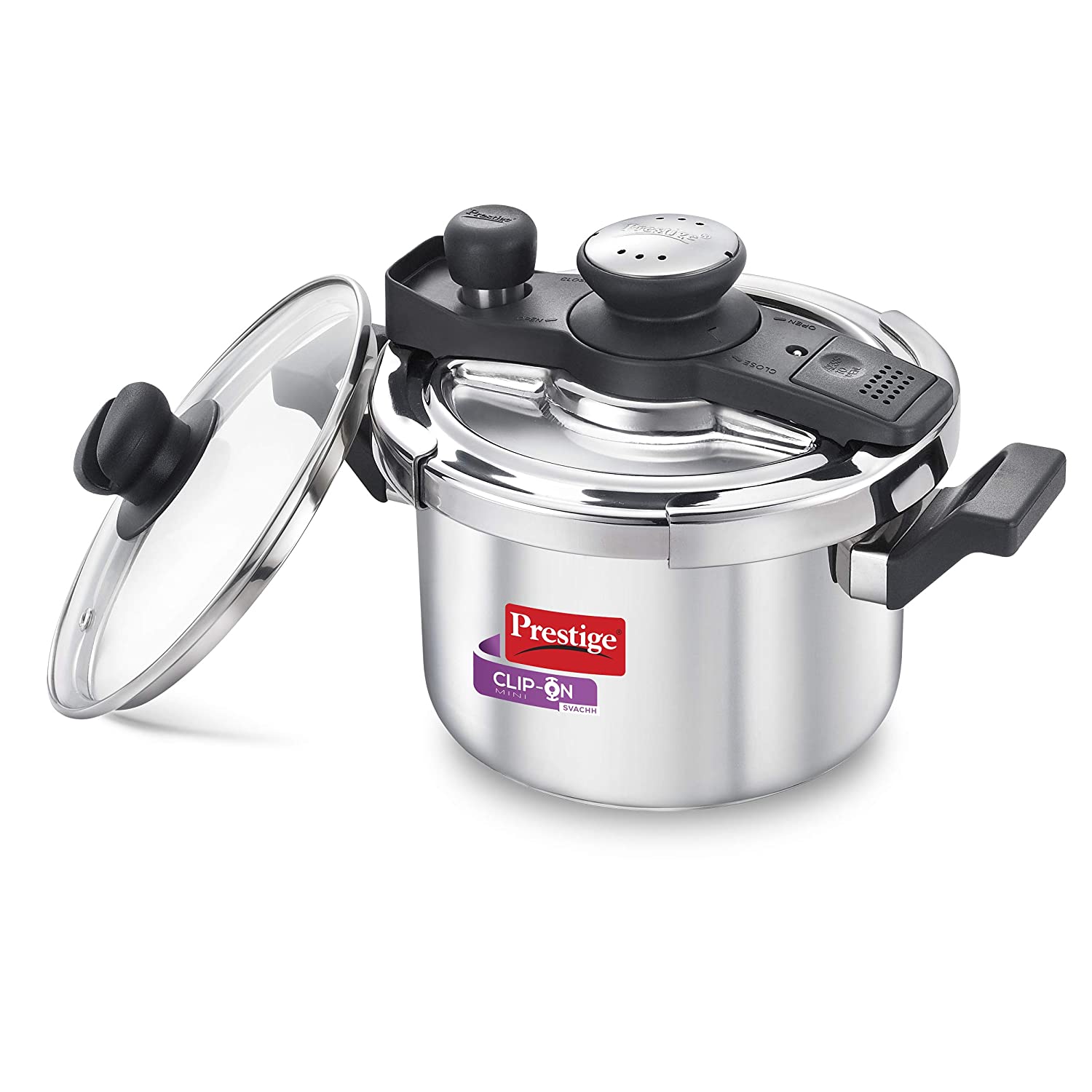 Prestige Clip-on Mini Svachh Stainless Steel Pressure Cookers with Glass Lid only on www.rasoishop.com