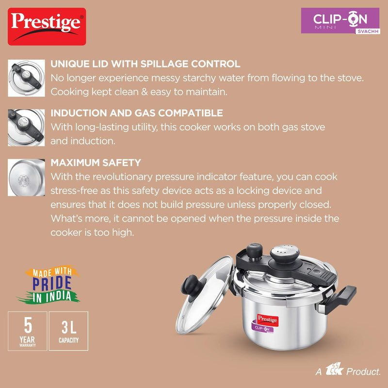 Prestige Lid 2 Litre Metallic Silver+Clip on Mini Pressure Cooker