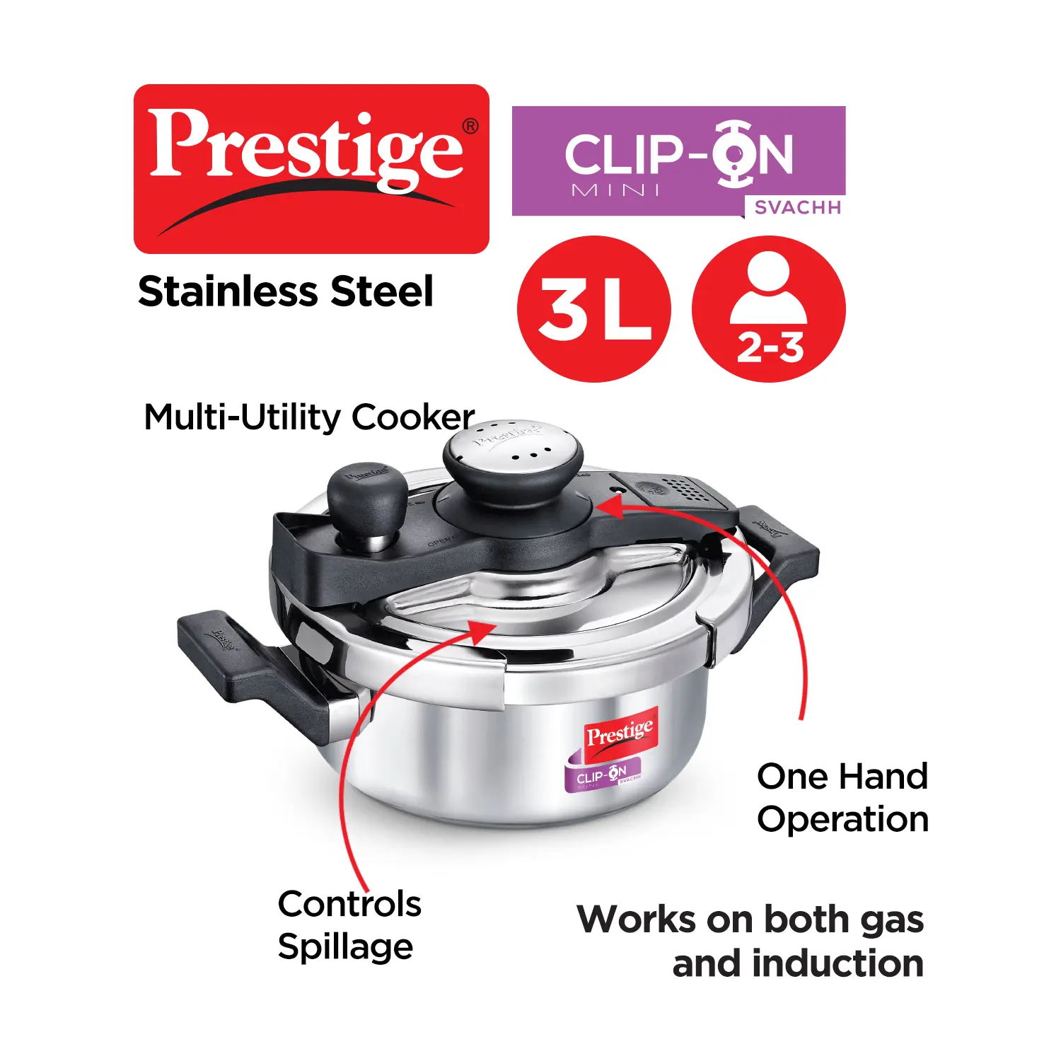 Prestige Clip-on Mini Svachh Stainless Steel Pressure Cookers with Glass Lid only on www.rasoishop.com