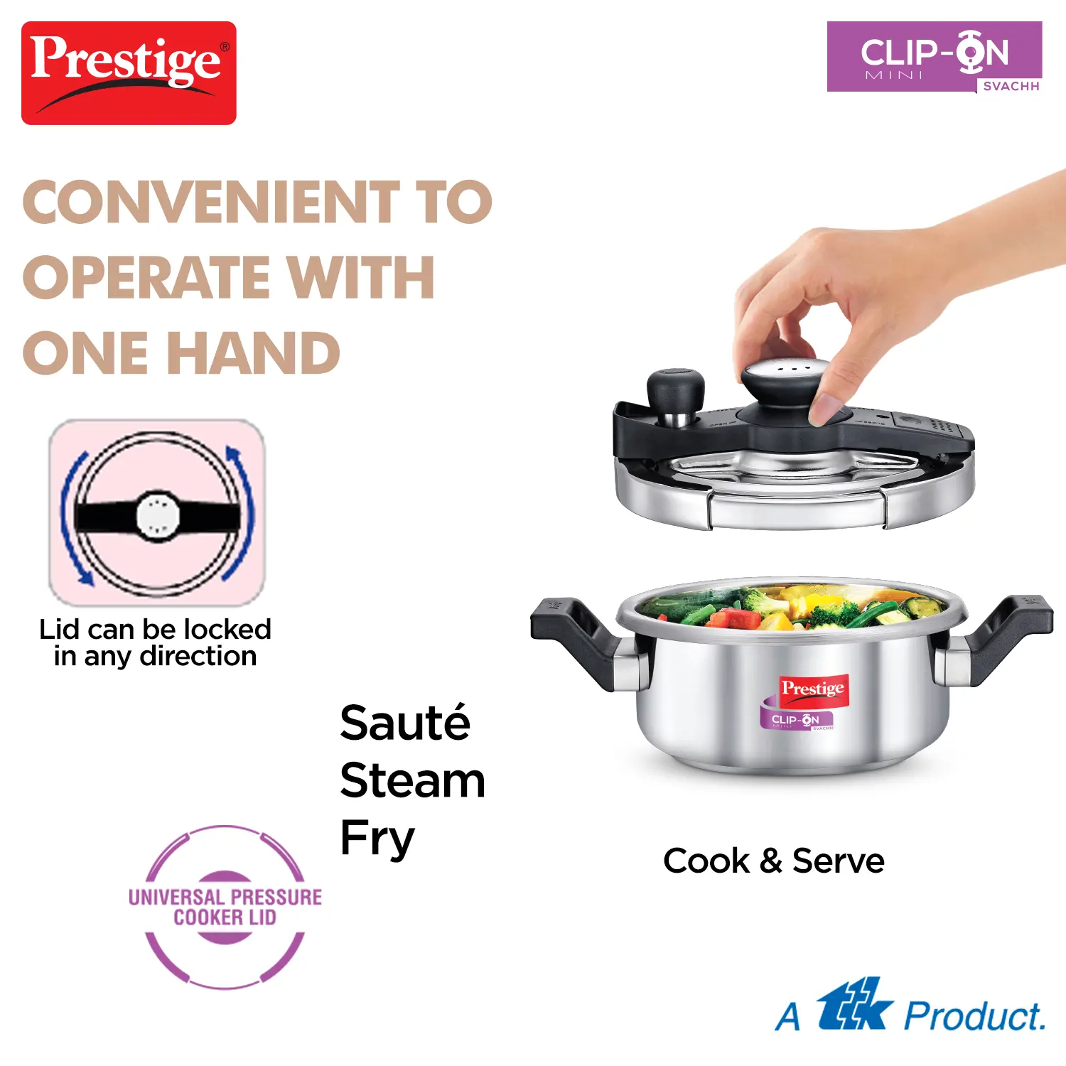 Prestige Clip-on Mini Svachh Stainless Steel Pressure Cookers with Glass Lid only on www.rasoishop.com