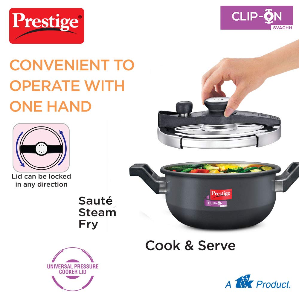 Prestige Clip-on Svachh Induction Base Aluminum Pressure cooker with Glass Lid | Hard Anodised