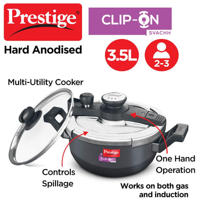 Prestige Clip-on Svachh Induction Base Aluminum Pressure cooker with Glass Lid | Hard Anodised