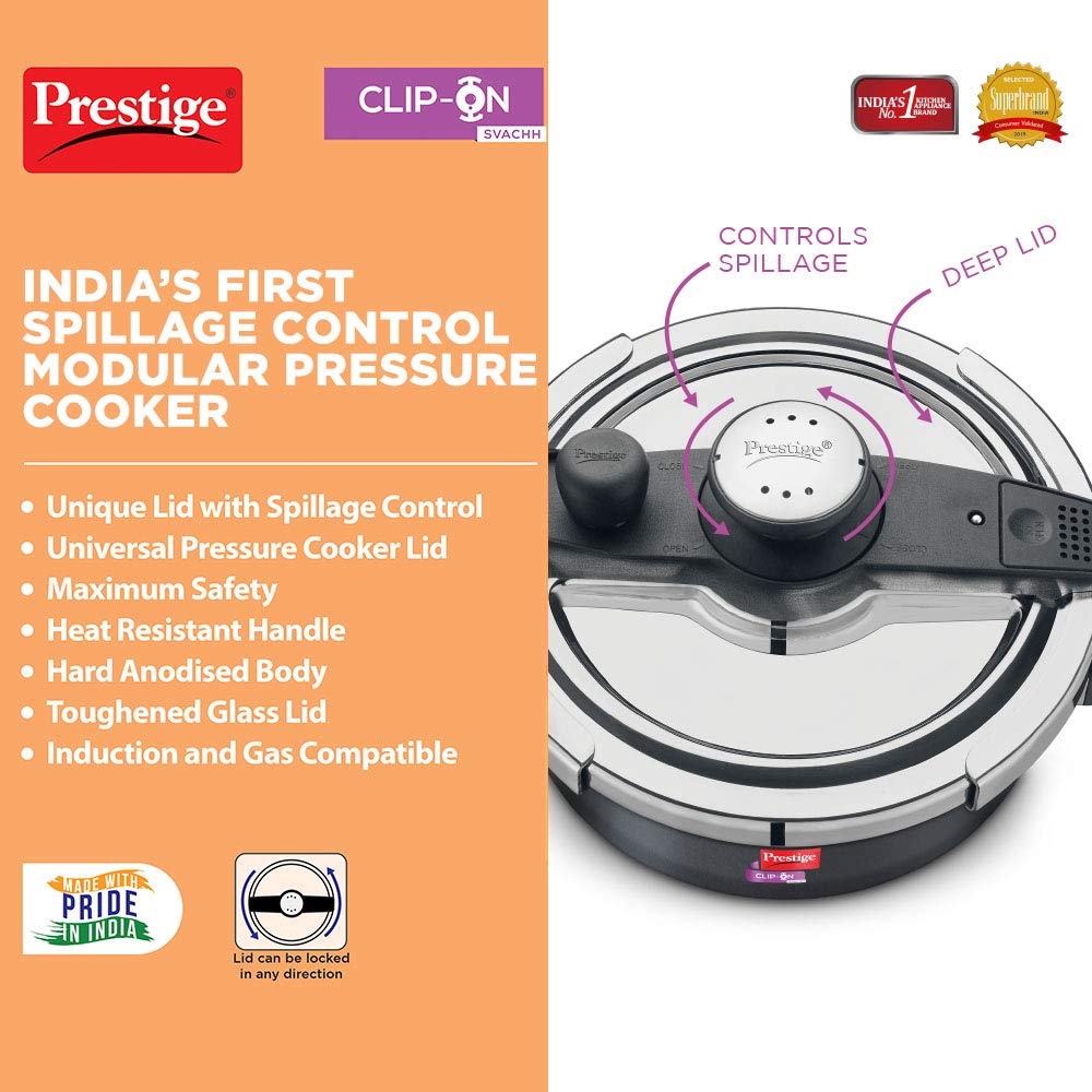 Prestige Clip-on Svachh Induction Base Aluminum Pressure cooker with Glass Lid | Hard Anodised