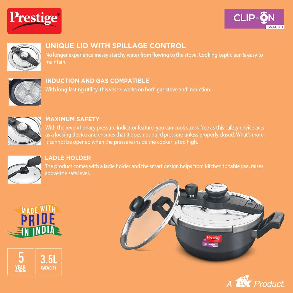 Prestige Clip-on Svachh Induction Base Aluminum Pressure cooker with Glass Lid | Hard Anodised