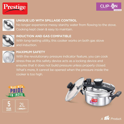 Prestige Clip-on Mini Svachh Stainless Steel Pressure Cookers with Glass Lid only on www.rasoishop.com