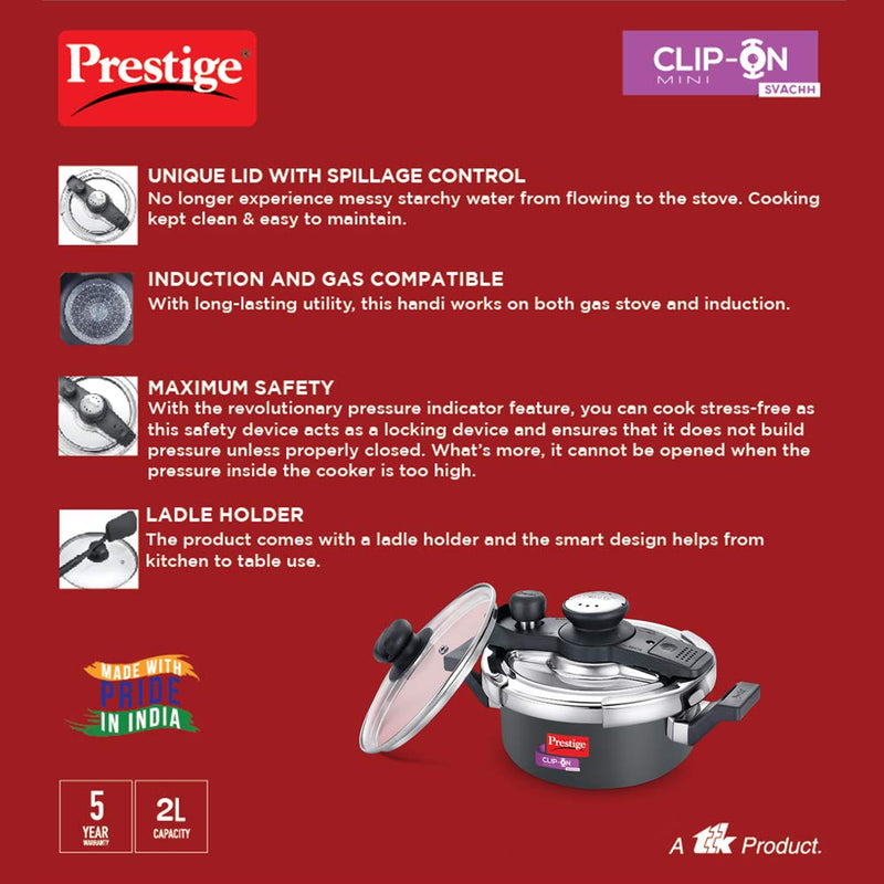 Prestige Lid 2 Litre Metallic Silver+Clip on Mini Pressure Cooker