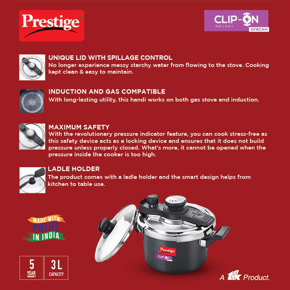 Prestige Clip-on Mini Svachh Hard Anodised Aluminium Pressure Cooker with Glass Lid - 20240 - 5