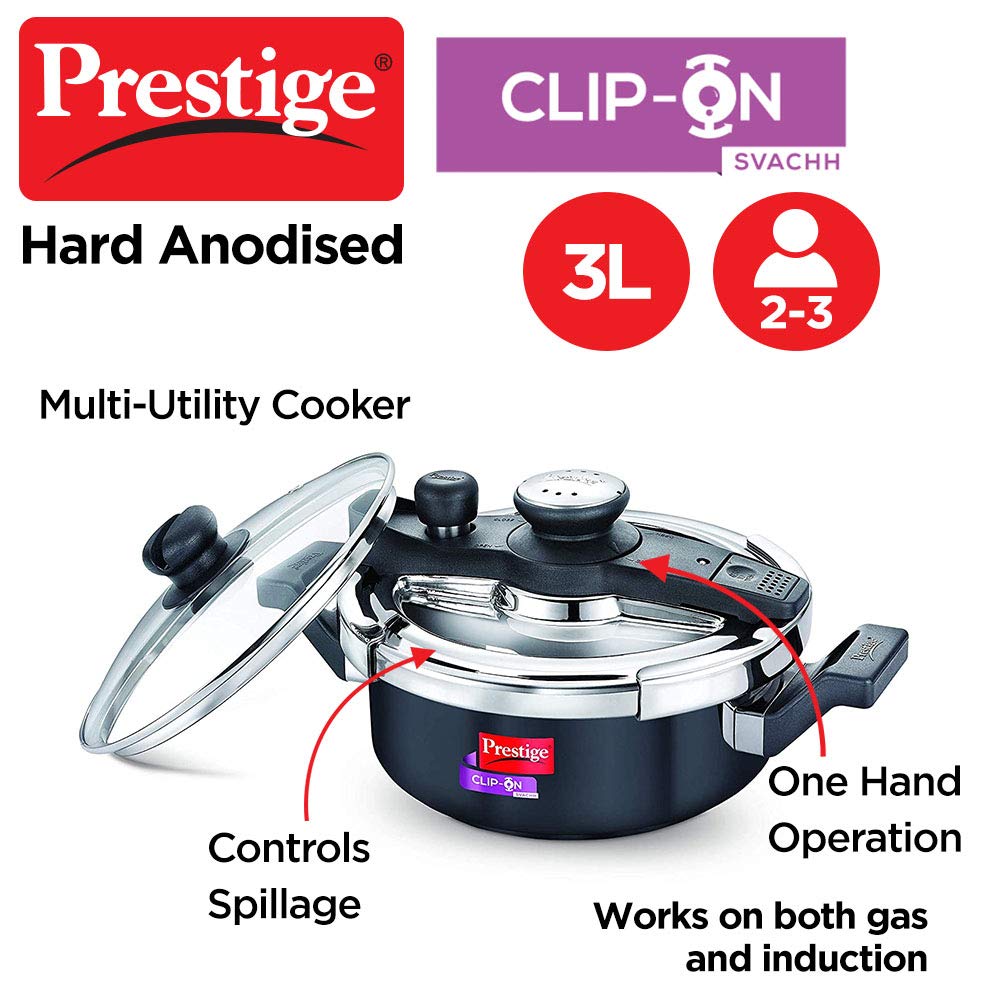 Prestige Clip-on Svachh Induction Base Aluminum Pressure cooker with Glass Lid | Hard Anodised