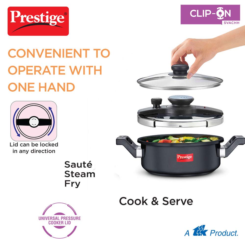 Prestige Clip-on Svachh Induction Base Aluminum Pressure cooker with Glass Lid | Hard Anodised