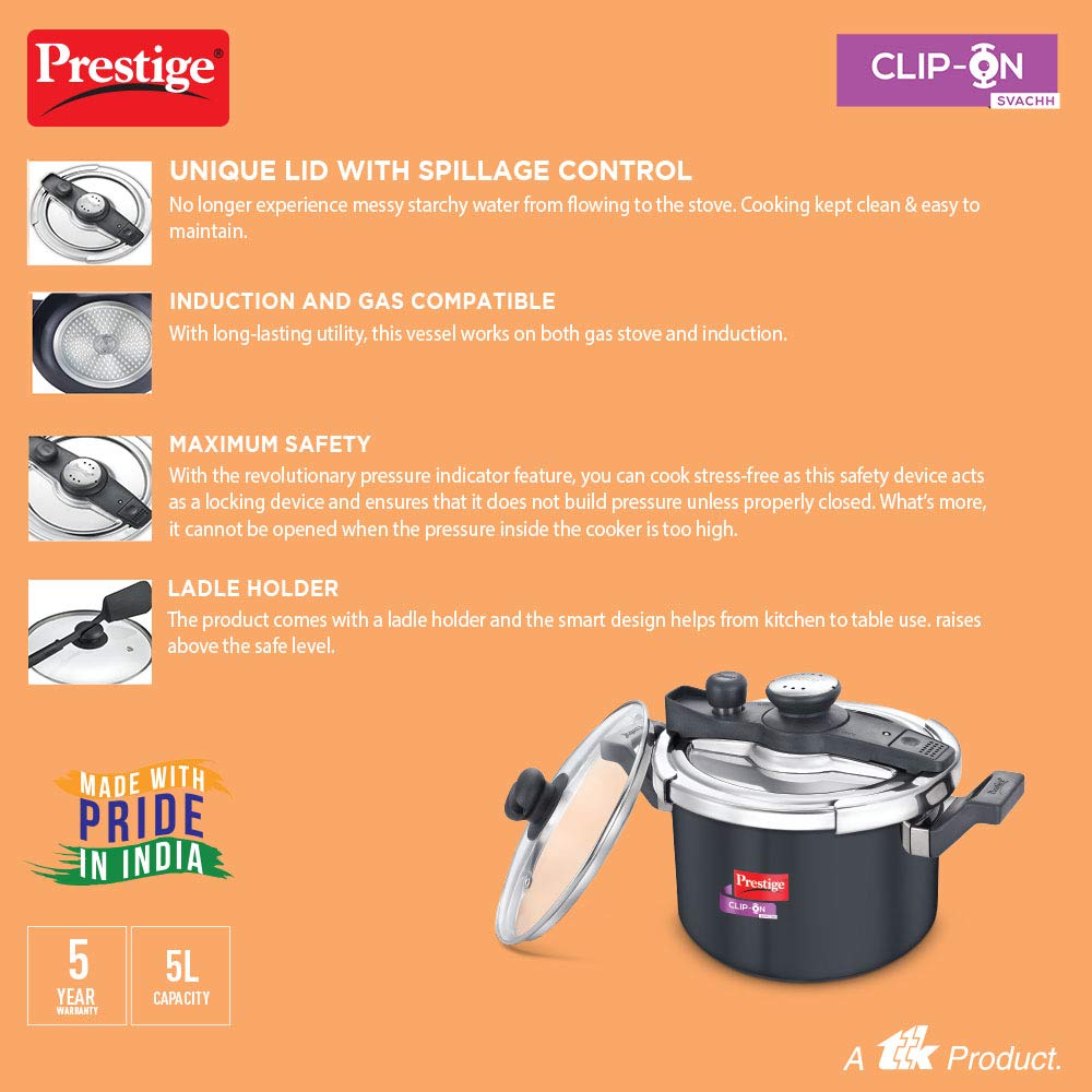 Prestige Clip-on Svachh Induction Base Aluminum Pressure cooker with Glass Lid | Hard Anodised