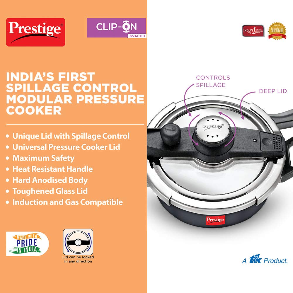 Prestige Clip-on Svachh Induction Base Aluminum Pressure cooker with Glass Lid | Hard Anodised