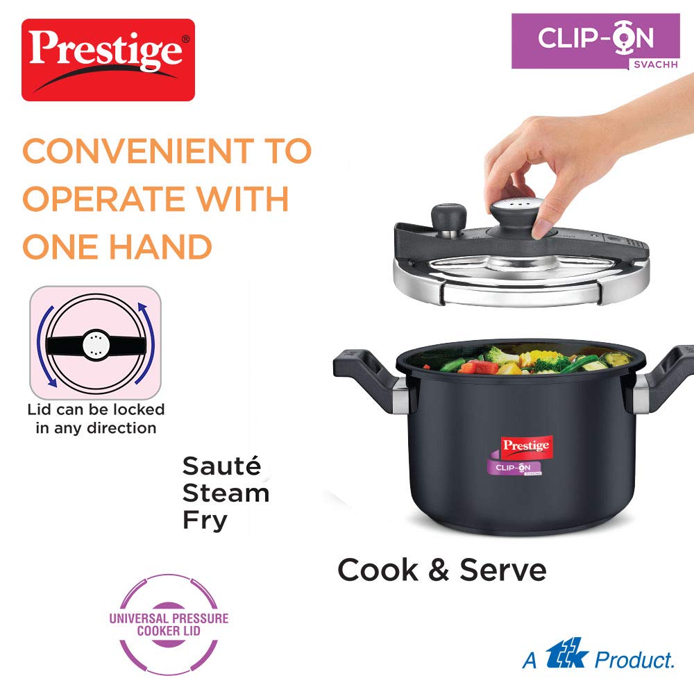 Prestige Clip-on Svachh Induction Base Aluminum Pressure cooker with Glass Lid | Hard Anodised