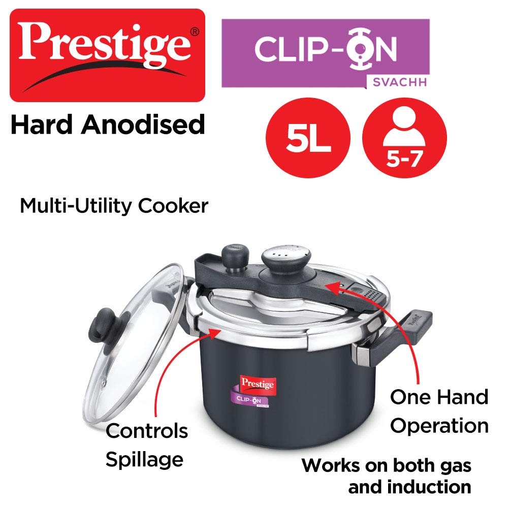 Prestige Clip-on Svachh Induction Base Aluminum Pressure cooker with Glass Lid | Hard Anodised