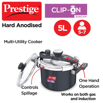 Prestige Clip-on Svachh Induction Base Aluminum Pressure cooker with Glass Lid | Hard Anodised