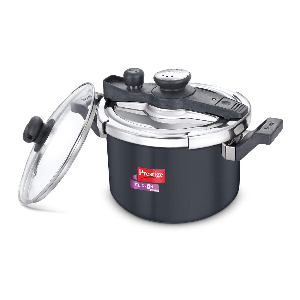 Prestige Clip-on Svachh Induction Base Aluminum Pressure cooker with Glass Lid | Hard Anodised