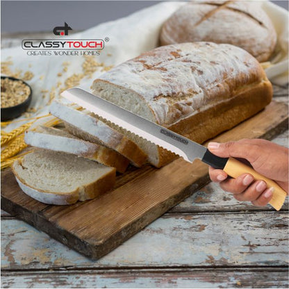 Stainless Steel Bread Knife Wood Textured ABS Plastic Handle – Sandal Color (33 cm)