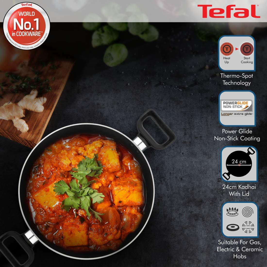 Tefal Delicia Non-Stick Kadhai with Lid, 24cm