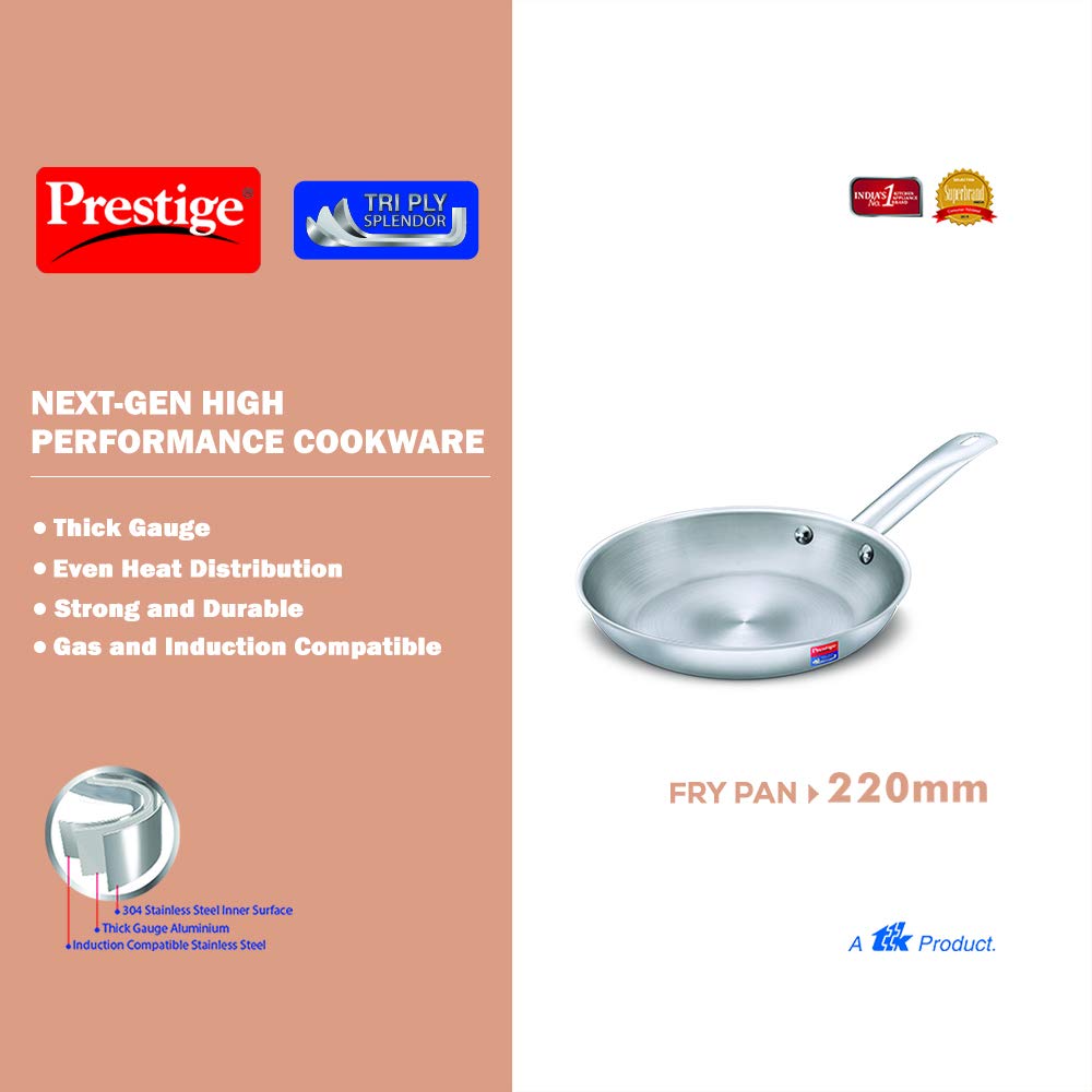 Prestige Stainless Steel Tri Ply Splendor Fry Pan 220 mm Silver - 37413 - 4