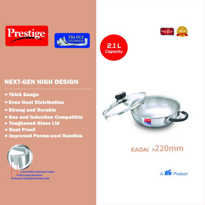 Prestige Stainless Steel Tri Ply Splendor Kadai with Glass Lid | Silver