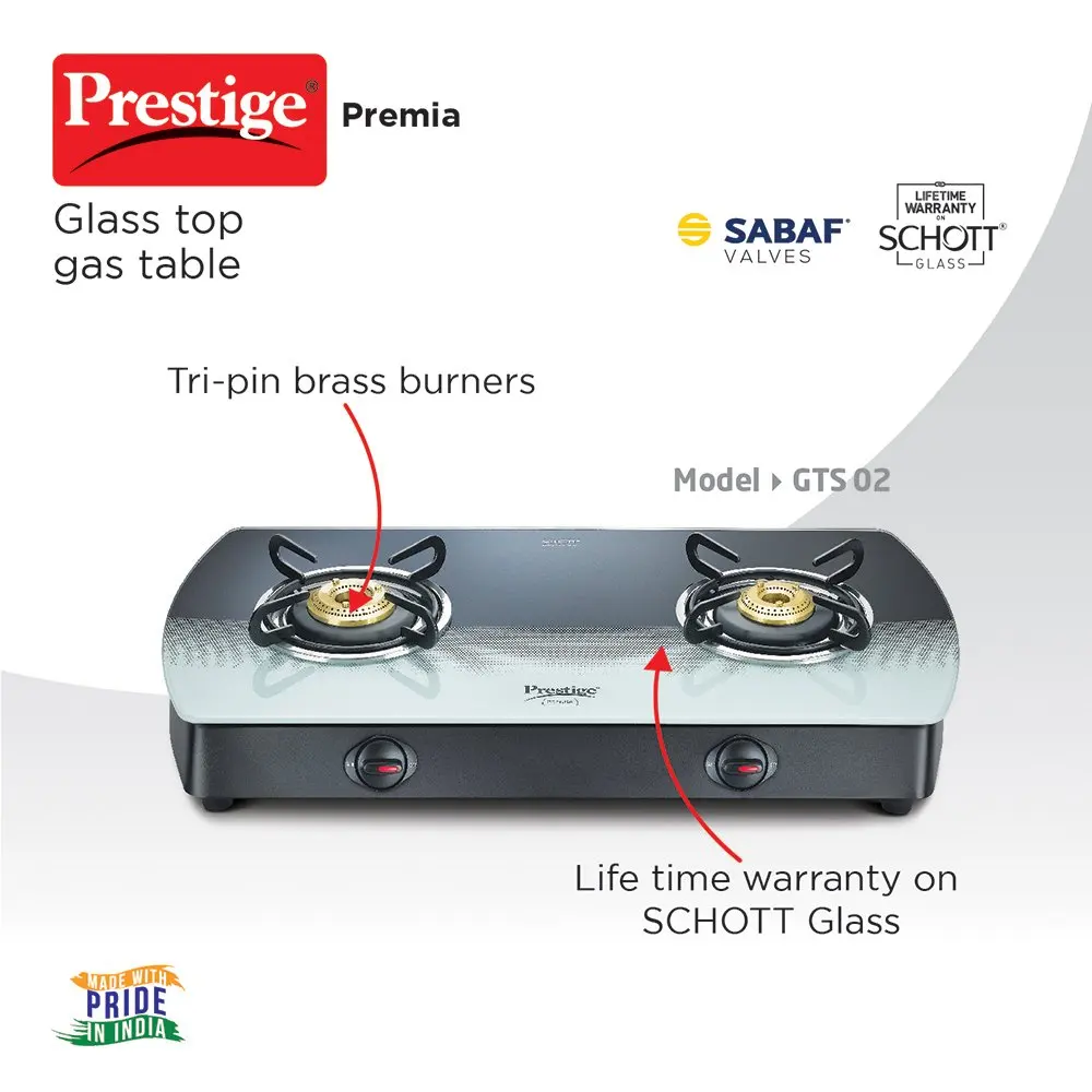 Prestige Premia Schott Glass Top 2 Burners Gas Stove | Black & White