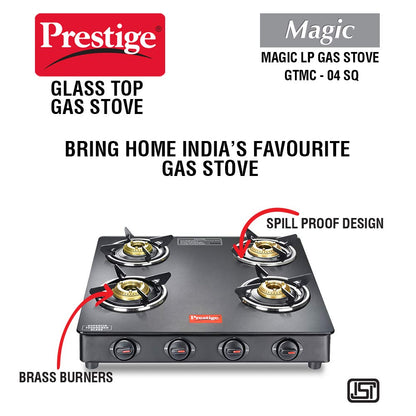 Prestige Magic GTMC 04 SQ Glass Top Gas stove, Black, 4 Burners