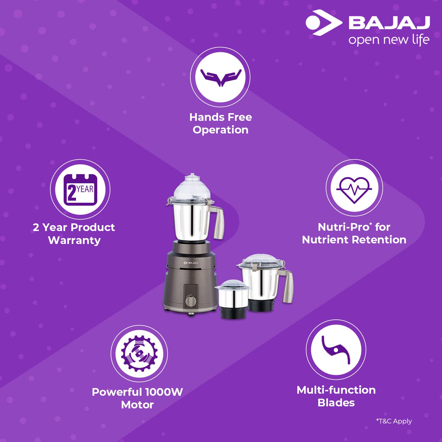 Bajaj Powerful Herculo 1000 Watt Mixer Grinder with 3 Jars - 410540 - 7