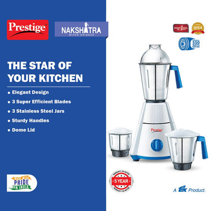 Prestige Nakshatra 550 W Mixer Grinder with 3 Stainless Steel Jars, (White/Blue)