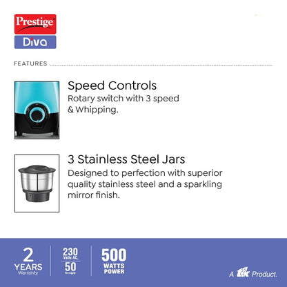 Prestige Diva 500 Watt Mixer Grinder with 3 Stainless Steel Jar - 3