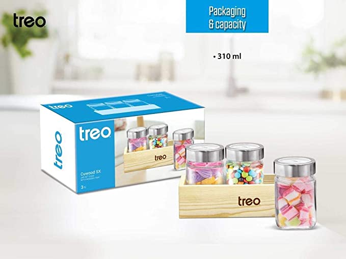 Treo Cuwood Storage Jar with Wooden Tray Set of 3, 310 ml on www.rasoishop.com