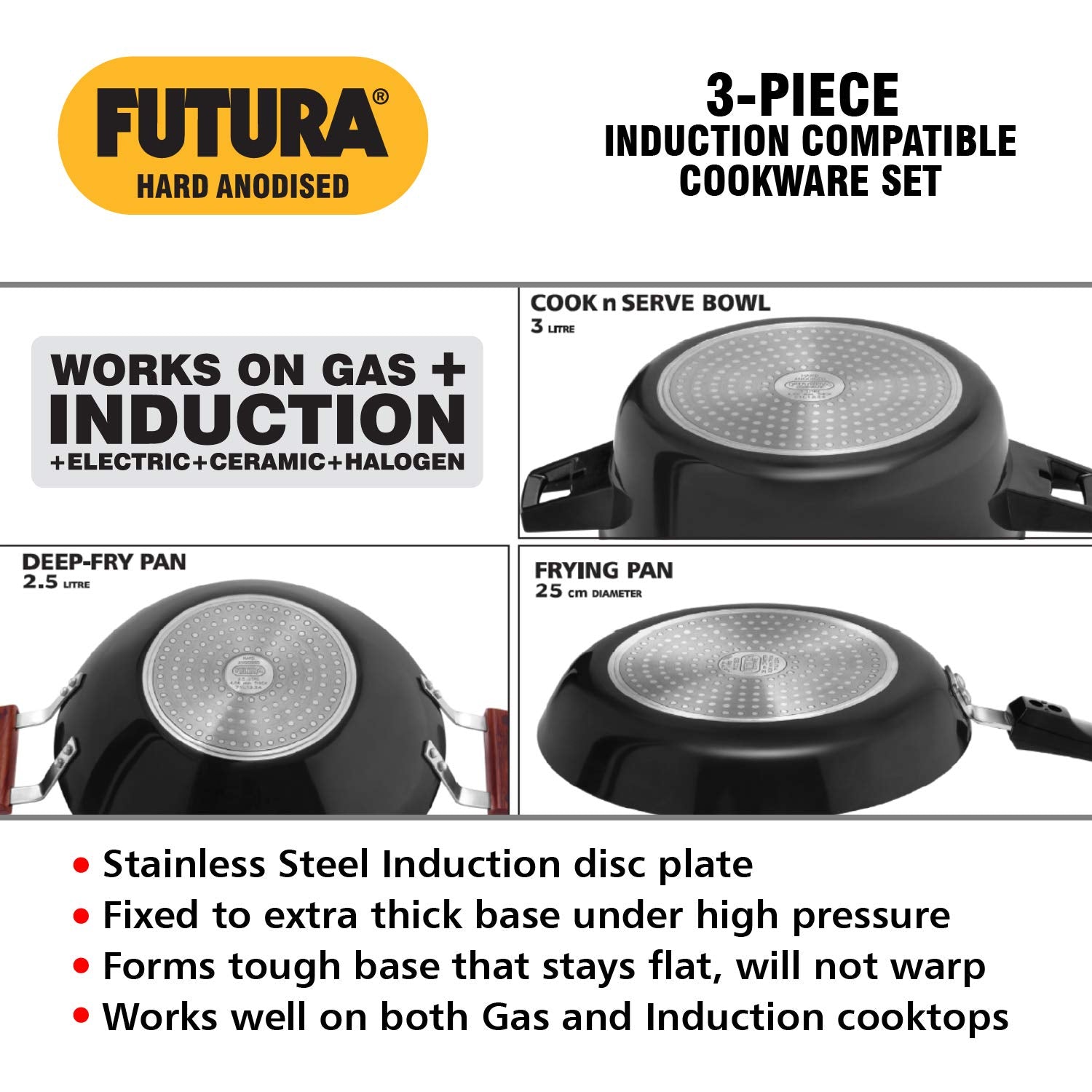 Hawkins Futura Hard Anodised Induction Compatible Cookware Set 1 (Frying Pan, Deep-Fry Pan, Cook-n-Serve Bowl with One Hard Anodised Lid, Two Stainless Steel Lids), Black (IASET1)