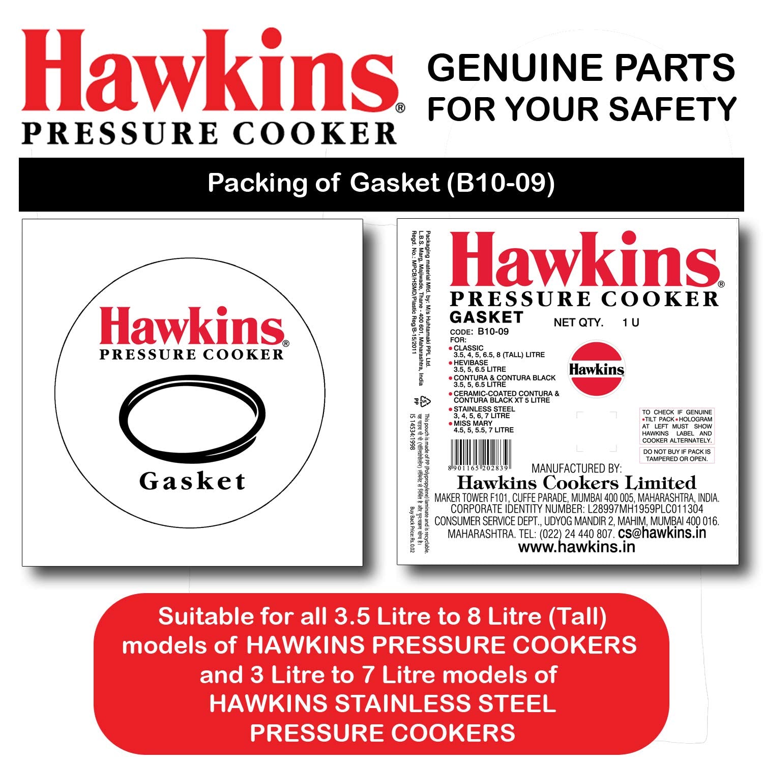 Hawkins Gasket For 3.5 Liter To 8 Litre Except Wide Hawkins Pressure Cookers | 3 Liter To 7 Litre Hawkins Stainless Steel Pressure Cookers | 5 Liter Stainless Steel Contura Pressure Cookers (B1009) | Black | 1 Pc