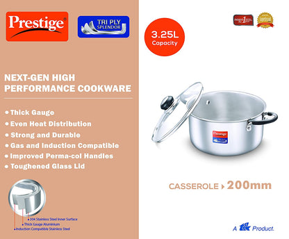 Prestige TriPly Splendor Casserole | Induction Base | 3.25 Litre | Silver | 1 Pc only at www.rasoishop.com