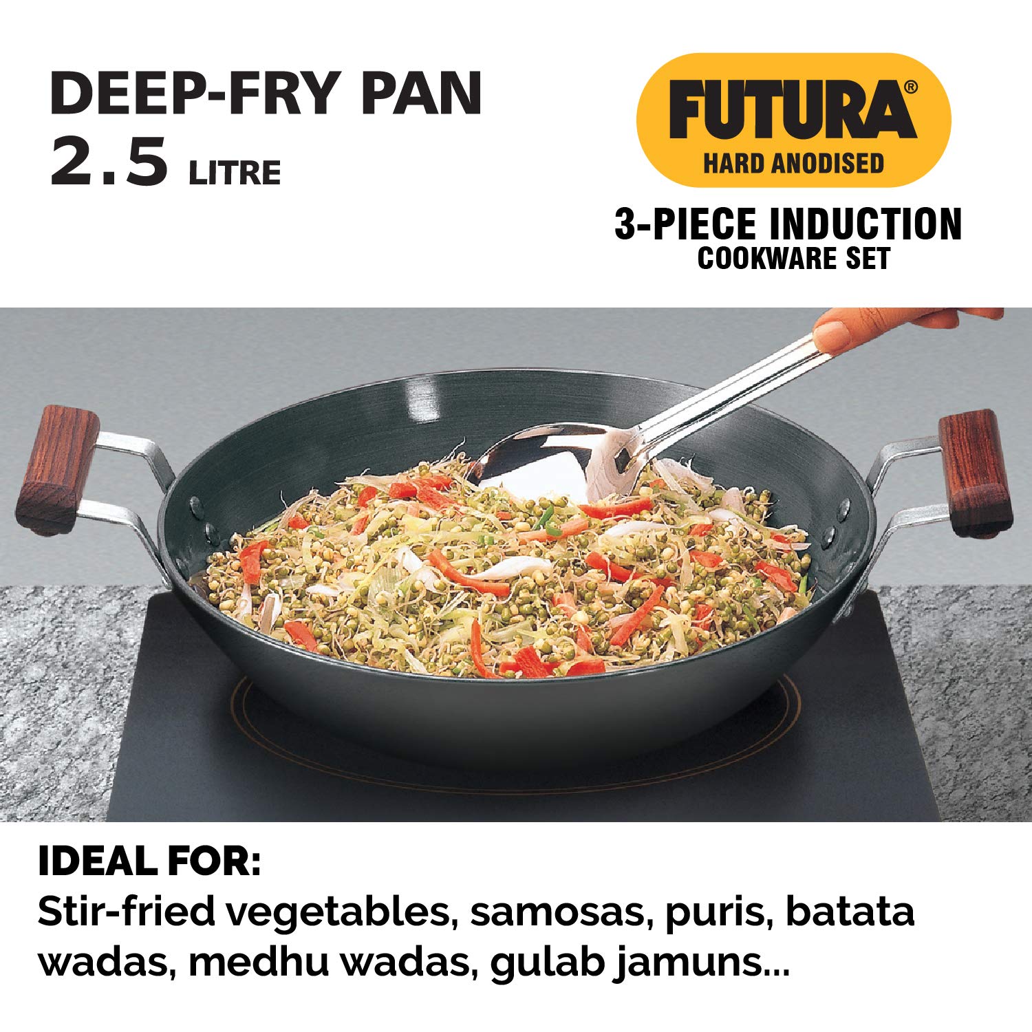 Hawkins Futura Hard Anodised Induction Compatible Cookware Set 1 (Frying Pan, Deep-Fry Pan, Cook-n-Serve Bowl with One Hard Anodised Lid, Two Stainless Steel Lids), Black (IASET1)