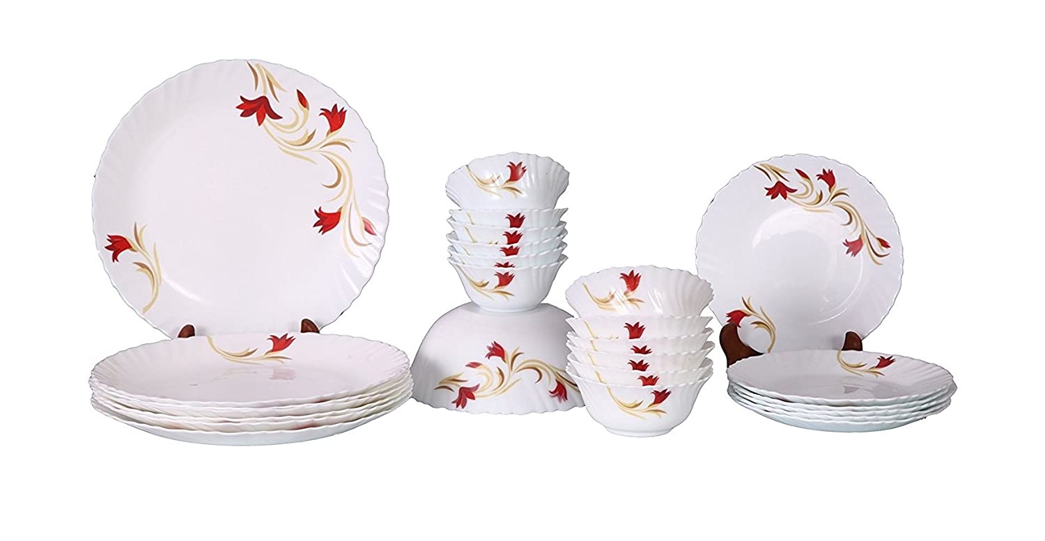 Larah By Borosil Red Lily Opalware Glass Dinner Set, 25-Pieces, White