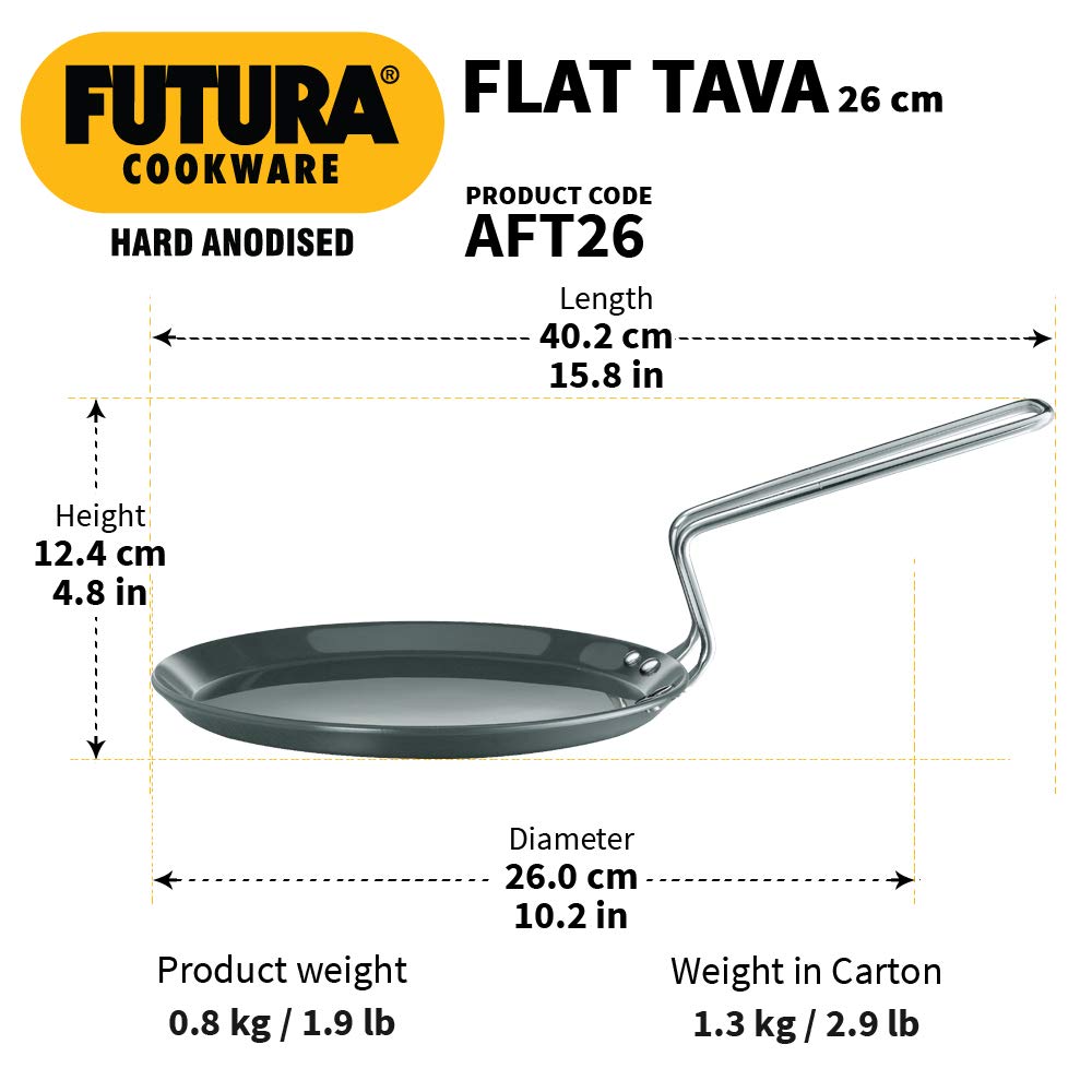 Hawkins Futura Hard Anodised Flat Tawa, 26cm, Thickness 4.88 mm