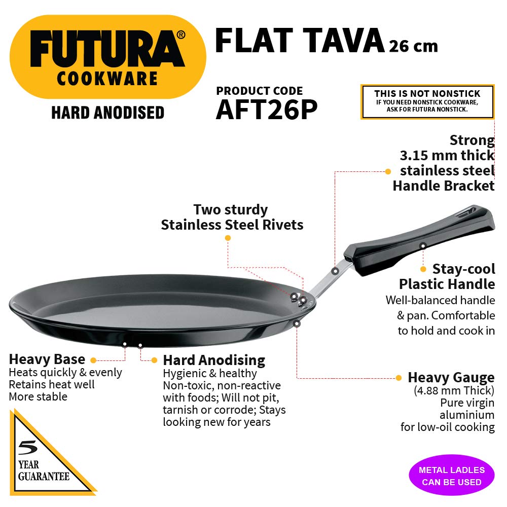 Hawkins Futura Hard Anodised Flat Tawa With Plastic Handle, 26cm, Thickness 4.88 mm