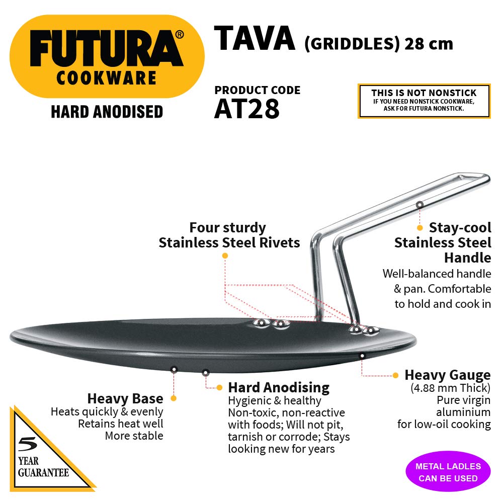 Hawkins Futura Hard Anodised Tawa with Stainless Steel Handle - 28 cm - 12