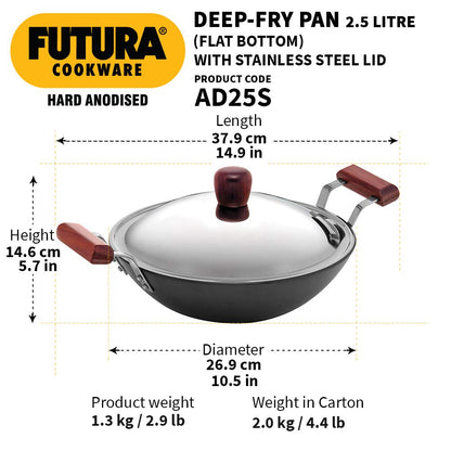 Hawkins Futura Hard Anodised Kadhai with Stainless Steel Lid / Without Lid