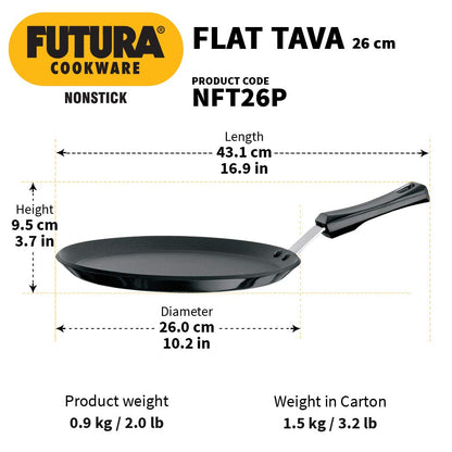 Hawkins Futura Nonstick Flat Tava with Plastic Handle, Diameter 26 cm, Thickness 4.88 mm, Black - HAWQ46