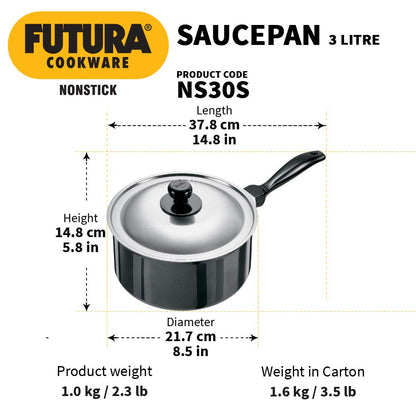 Hawkins Futura Hard Anodised 3 Litre Non-Stick Sauce Pan with Stainless Steel Lid  - 3