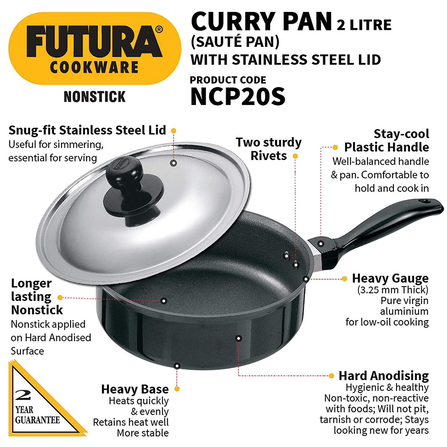 Hawkins Futura Non-Stick Sauté Curry Pan with Lid, 2 litres